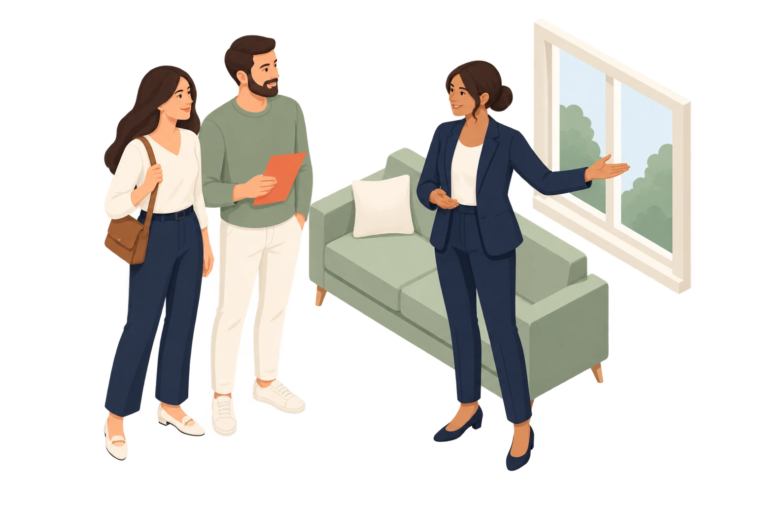 Illustrated agent showing a couple a room with a sage sofa and window.
