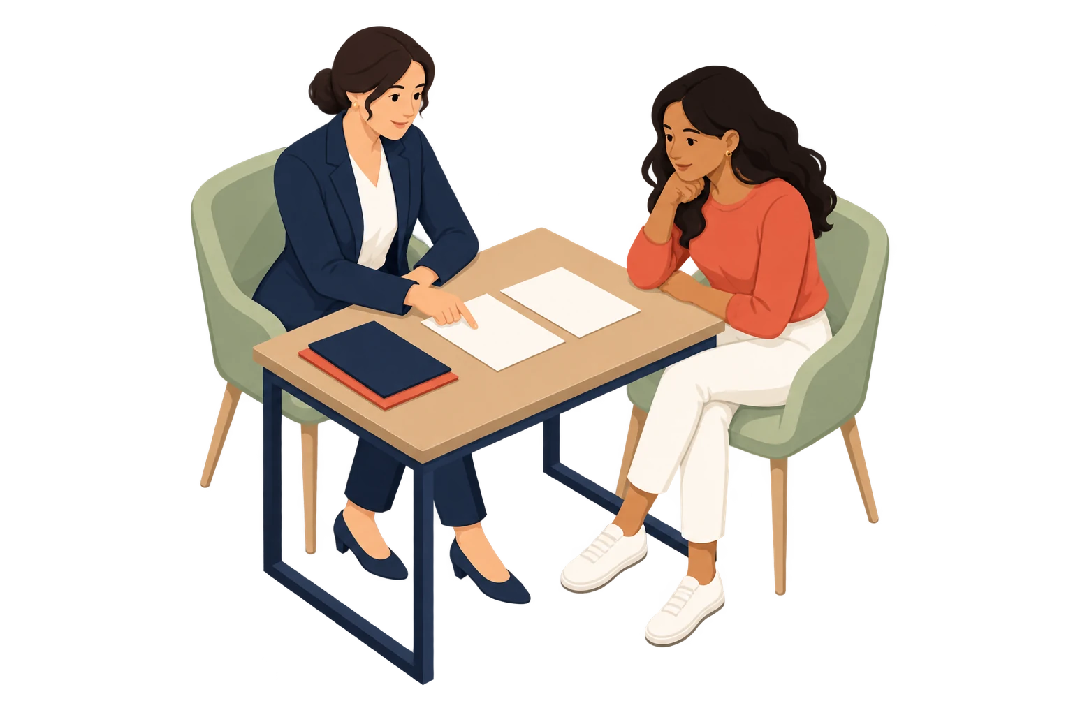 Two illustrated women reviewing blank documents at a small desk.